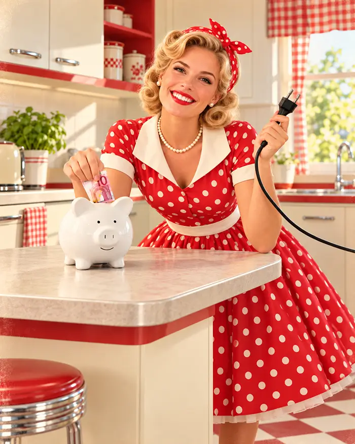 Frau in ihrer Küche mit einem Sparschwein